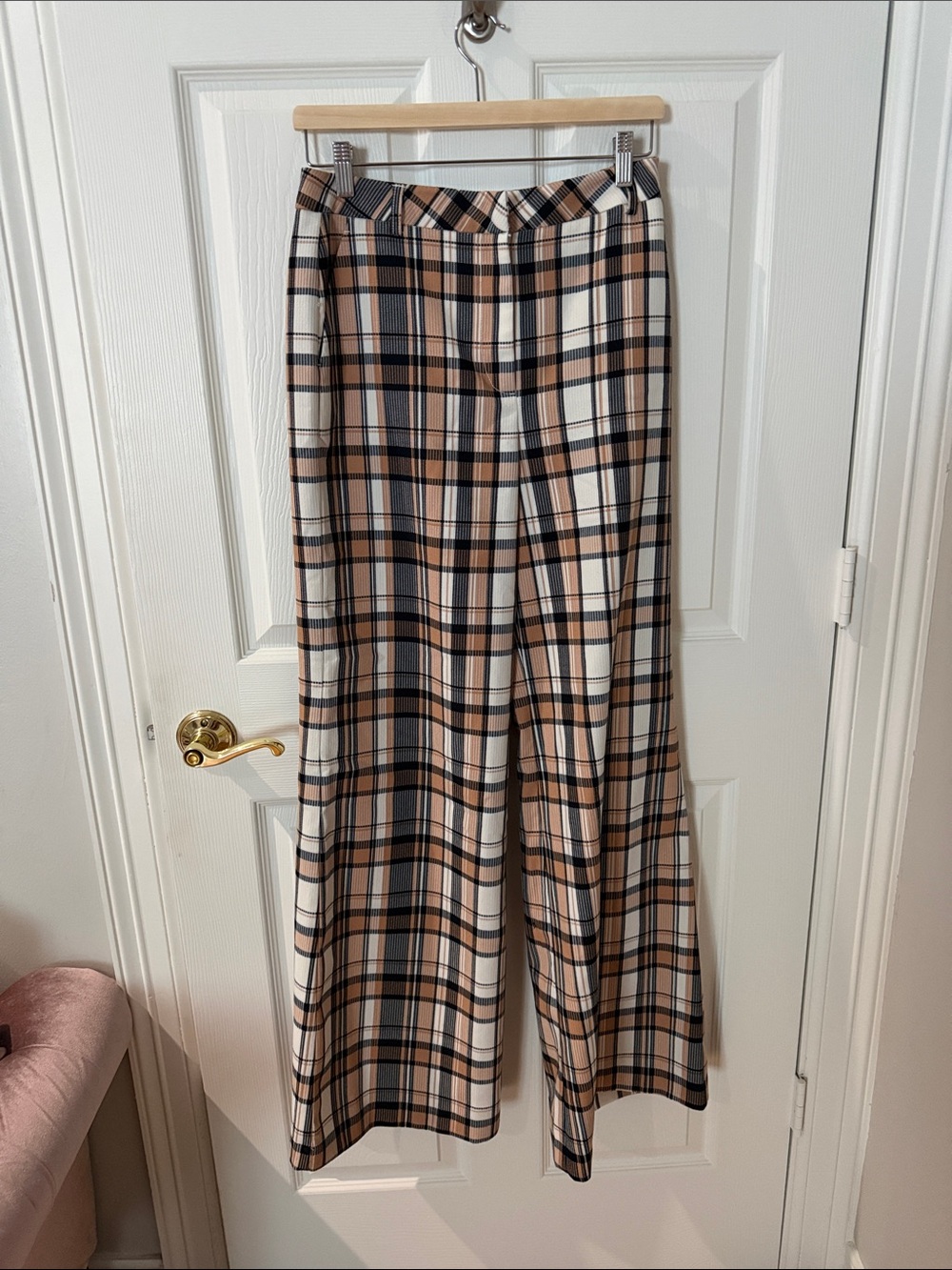 Anthropologie Plaid Wide-Leg Pants in Beige, Black & Cream Maeve size 8